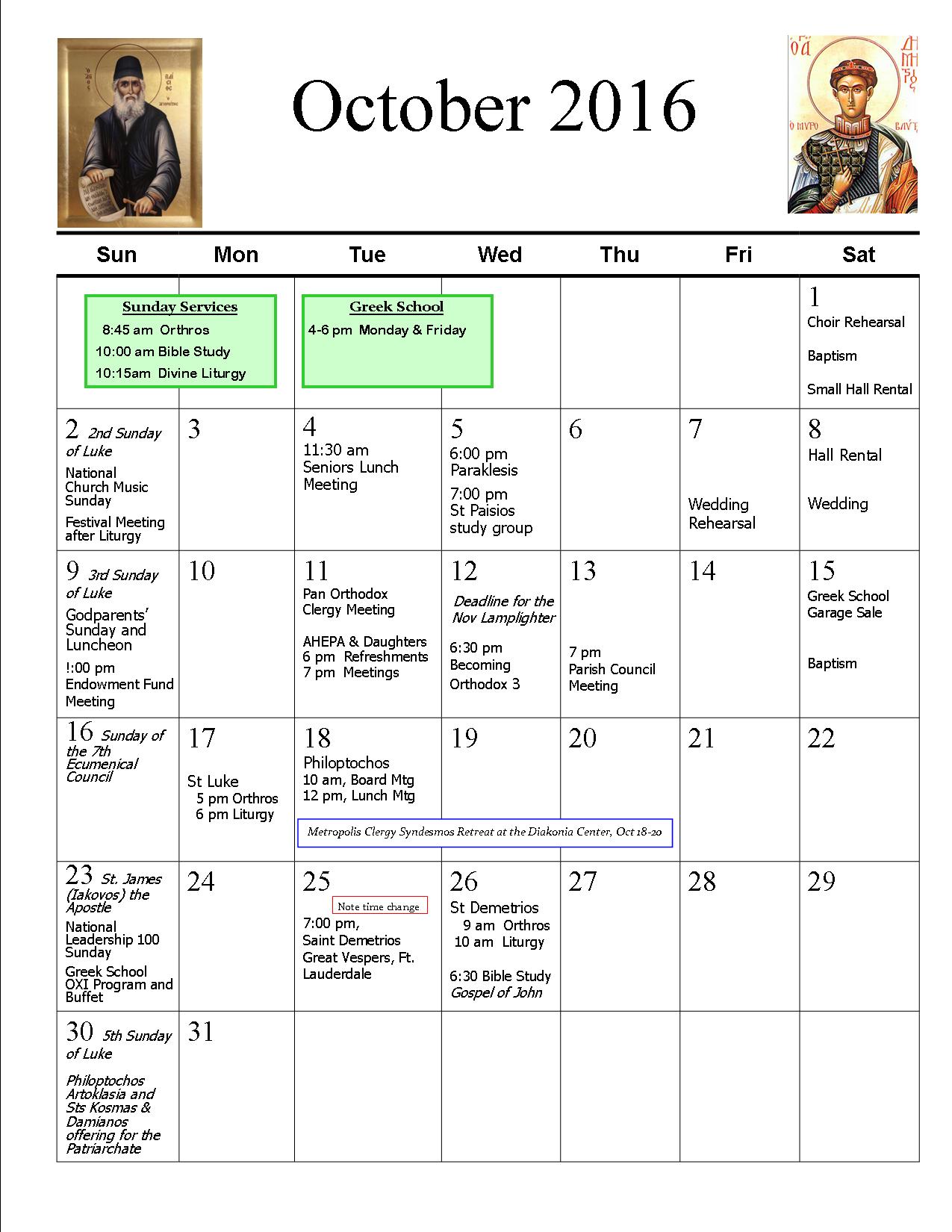 Parish Calendar St. Catherine Greek Orthodox Church